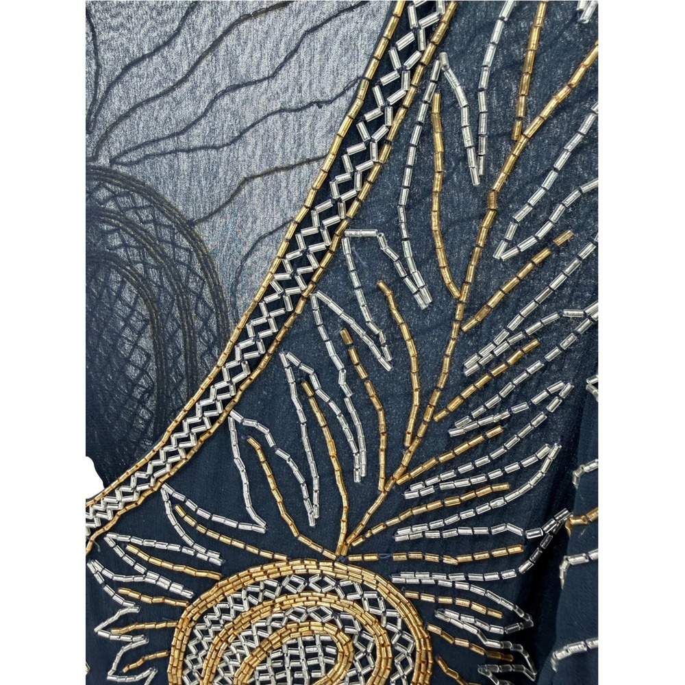 Haute Hippie Silk Beaded Tunic Top Womens M Navy Gold Paisley Mini Dress Flawed - Picture 6 of 12